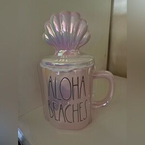 Rae Dunn Pink Shell Mug with 'Aloha Beaches' Text